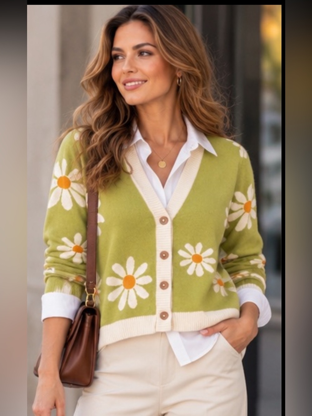 UNGEE Viscose Daisy Knit Button-Front Cardigan Sweater - Green size small